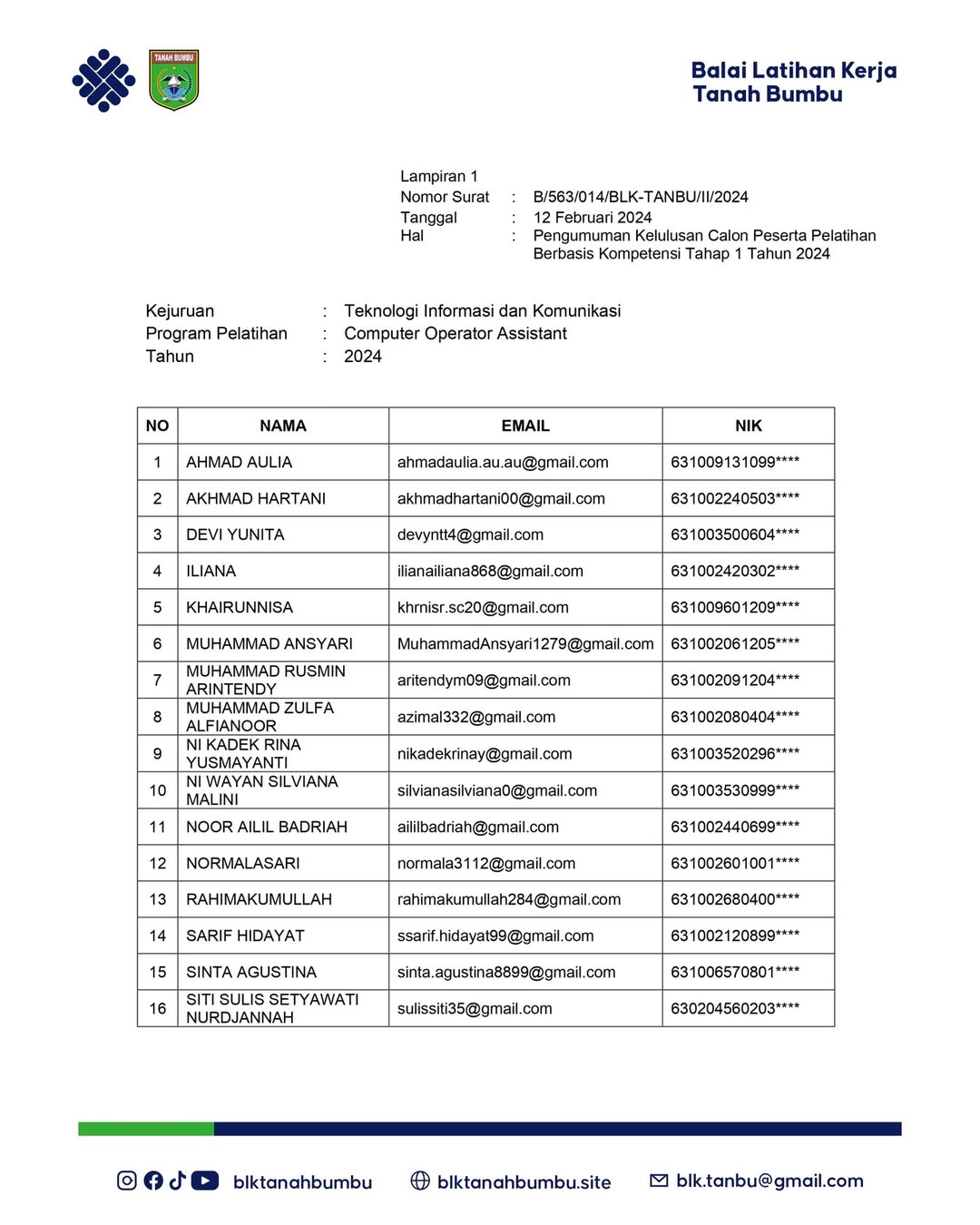 PENGUMUMAN KELULUSAN CALON PESERTA PELATIHAN BERBASIS KOMPETENSI (PBK) TAHAP 1 TAHUN 2024.PROGRA (2)